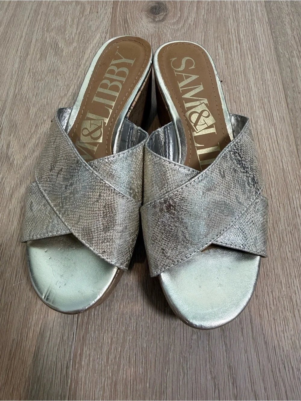 Sam & Libby Gold Metallic Cork Wedge Slide Sandals Size 6.5 Criss Cross
